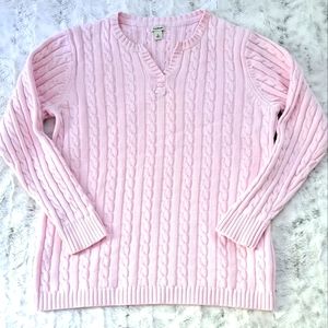 L.L. Bean pink Barbie cable knit v-neck Classic textured sweater. Size L.